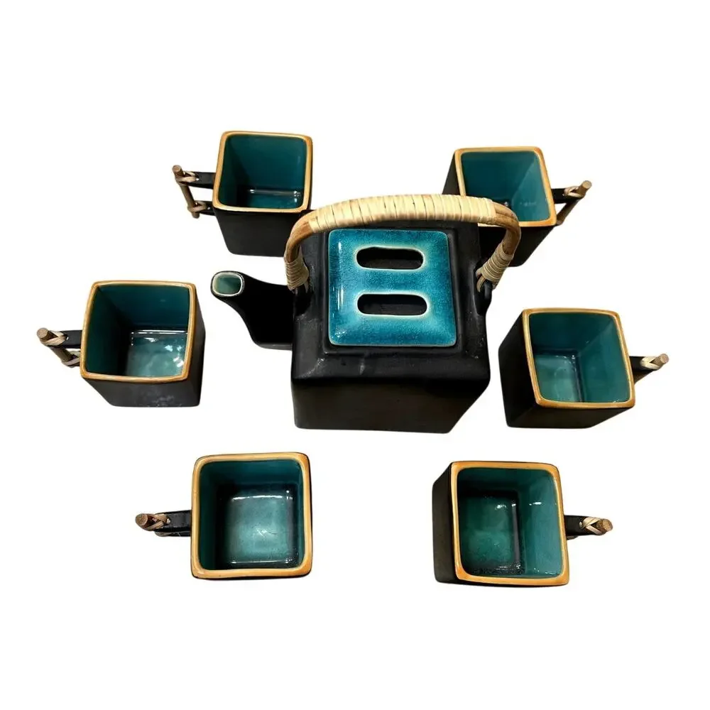 Japanese Tea Pot Ceramic Square Shape and 6 Cups Black Teal Modern